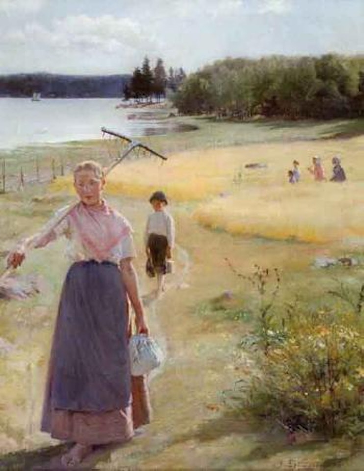 August - landscape with harvesters by Albert Edelfelt