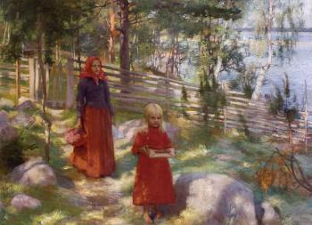 Wild strawberries - landscape with two girls and baskets by Albert Edelfelt