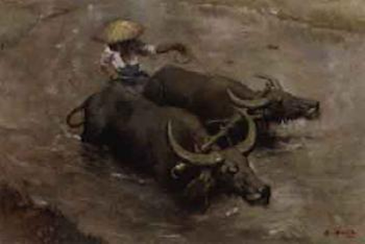 Driving the ox cart through the river by Raden Basoeki Abdullah