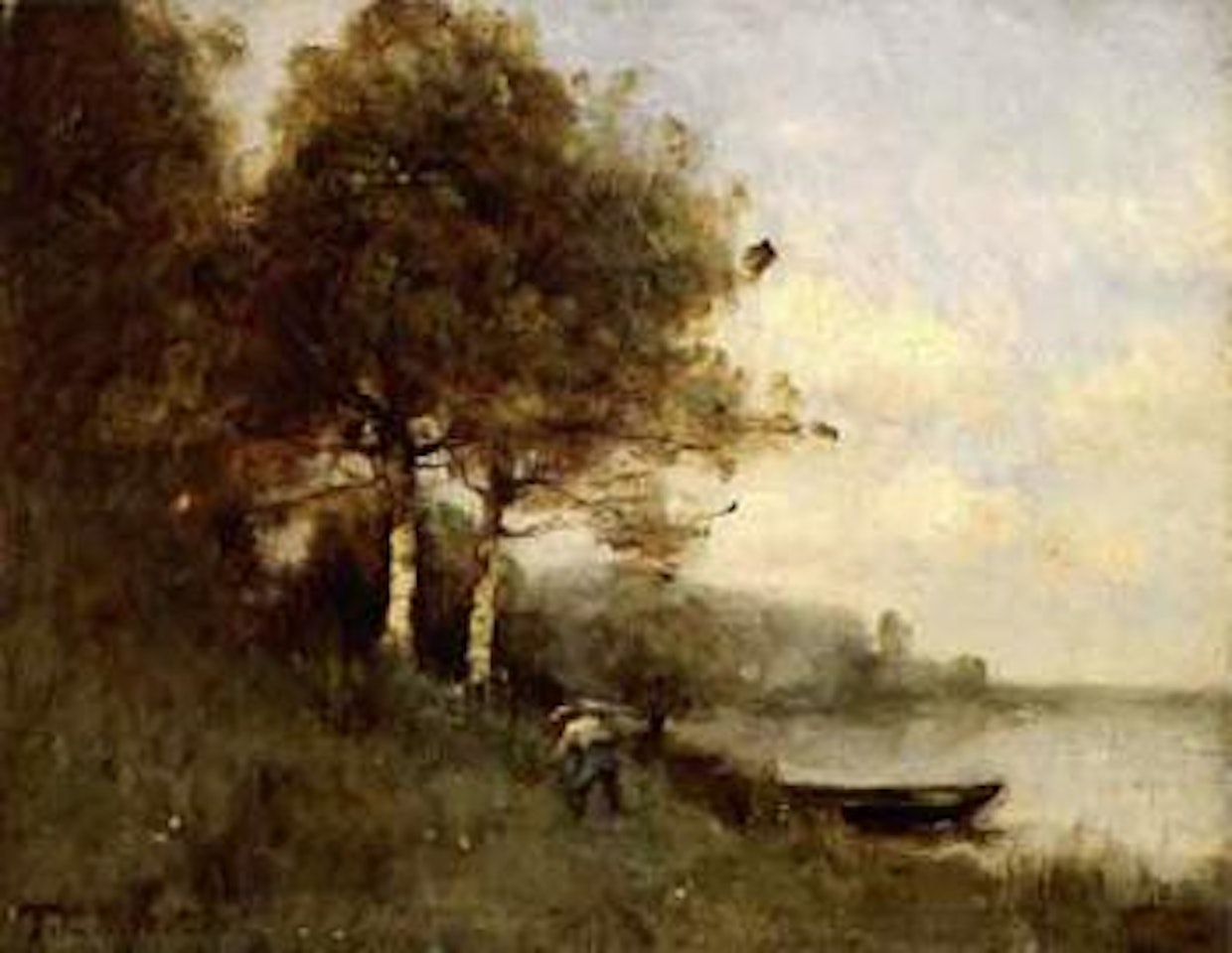 Peasant mowing river bank by Paul Désiré Trouillebert