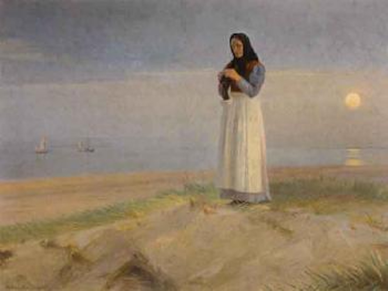 Young fisherwoman knitting in the dunes, sunset at Skagen by Michael Ancher