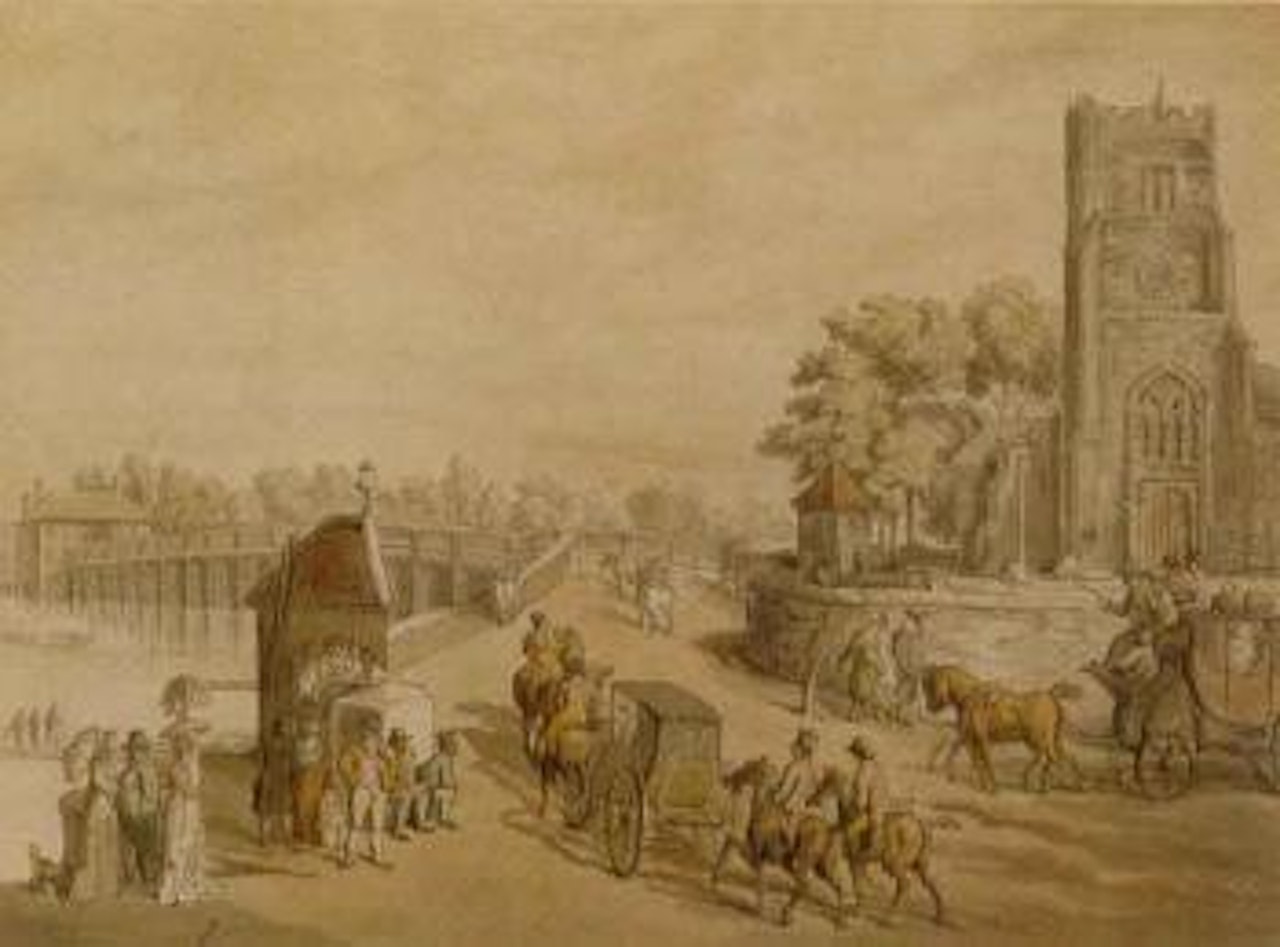 Bustling activity before St. Mary's church with Putney beyond by Thomas Rowlandson