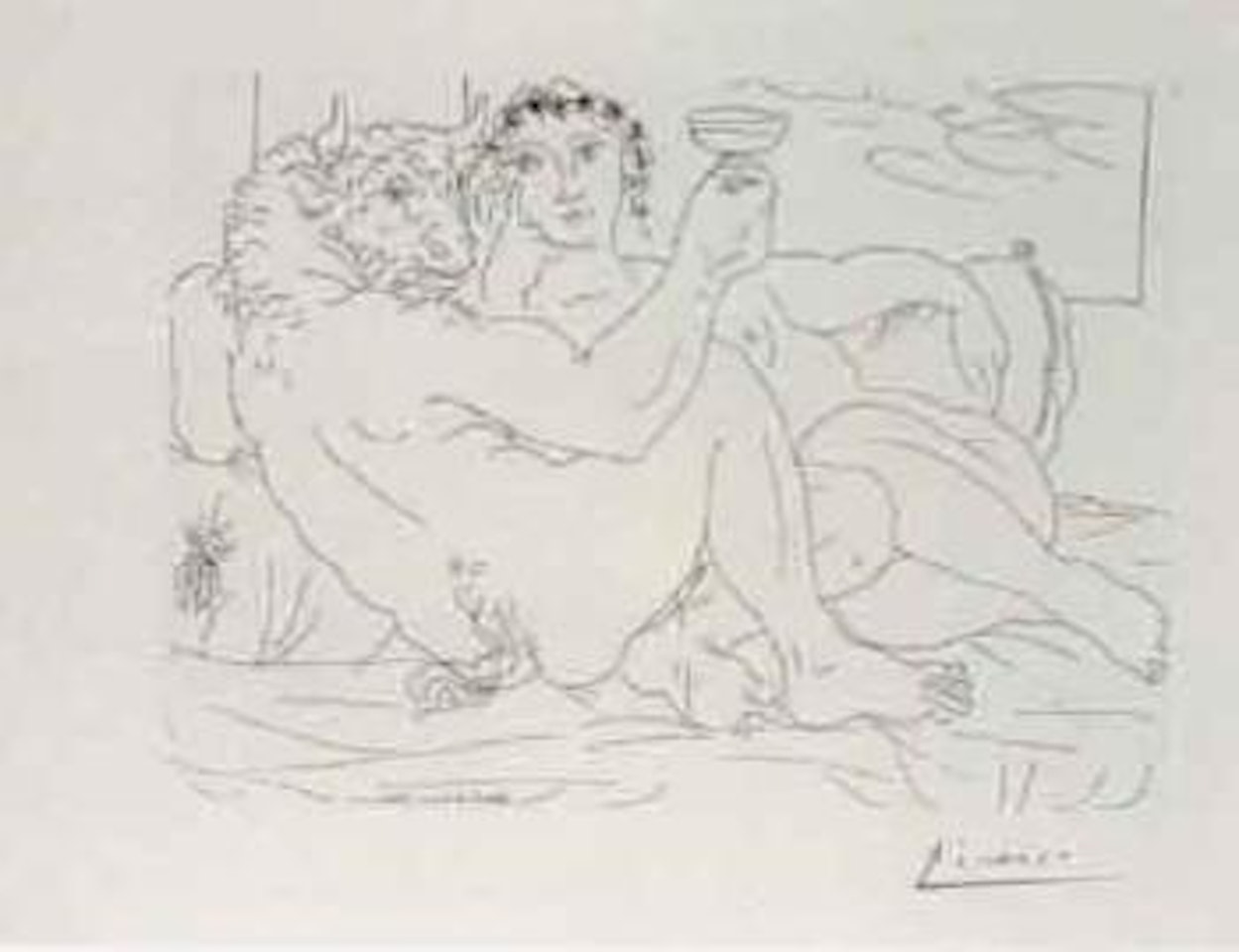 Minotaure, une coupe a la main, et jeune femme by Pablo Picasso