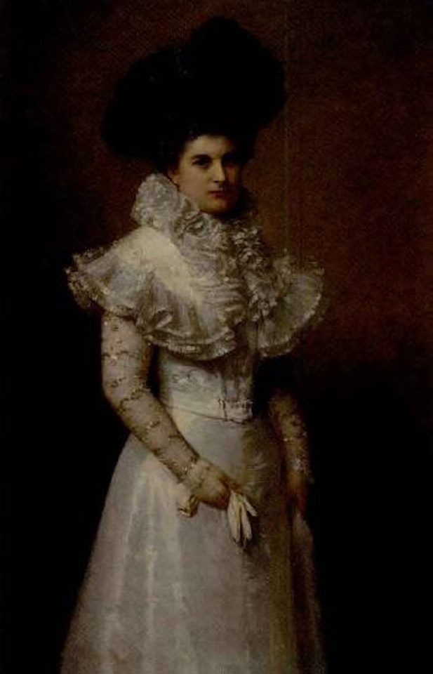 Portrait of a lady in a white dress and black hat by Adolphe Weisz