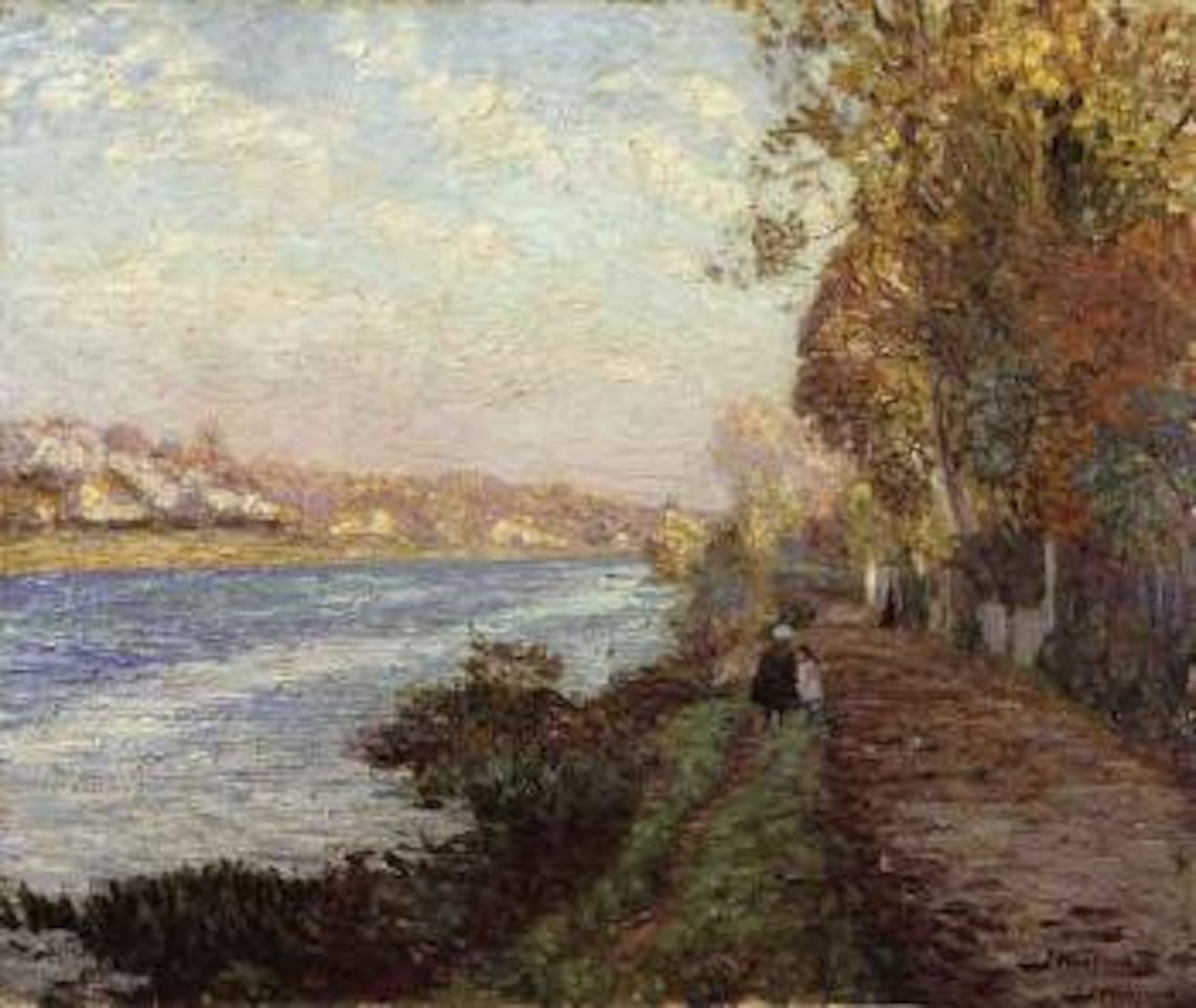 Deux fillettes en automne sur un chemin le long d'une riviere by Henri Lebasque