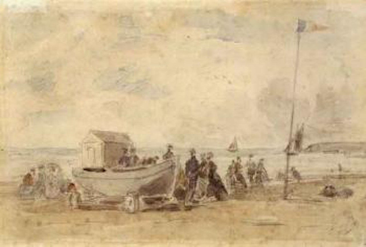 Sur la plage, crinolines et barque by Eugène Boudin