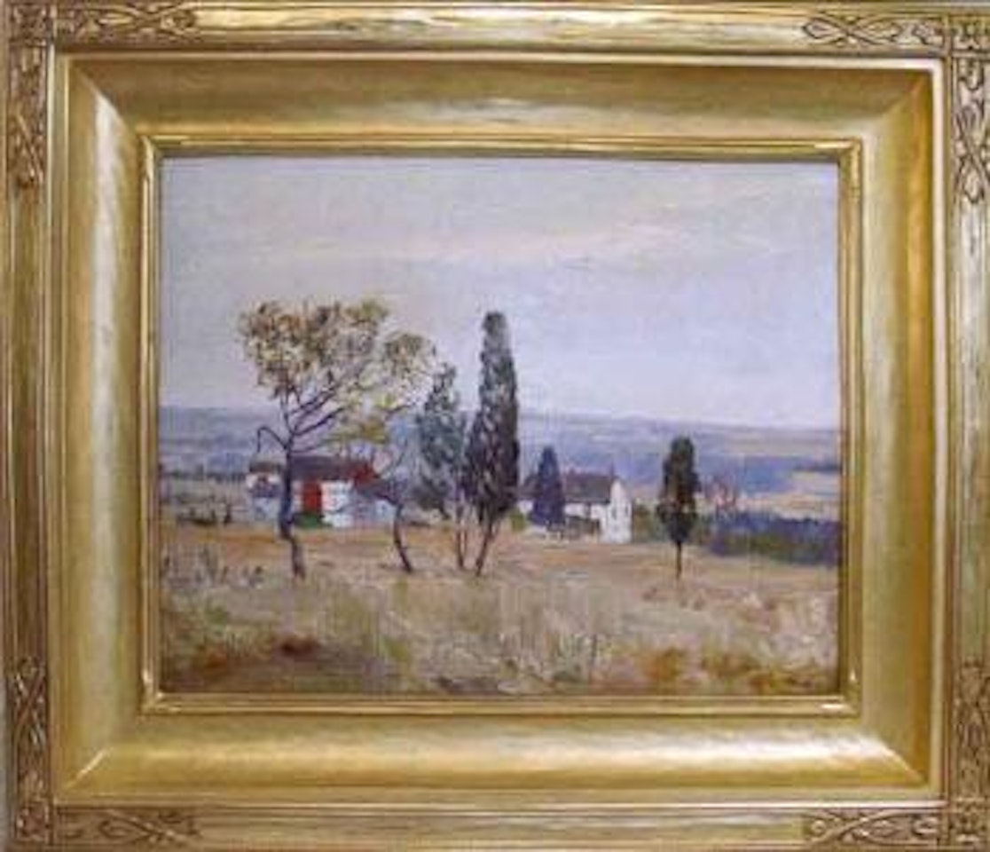 Bucks country landscape looking across a field at farm buildings by Walter Emerson Baum