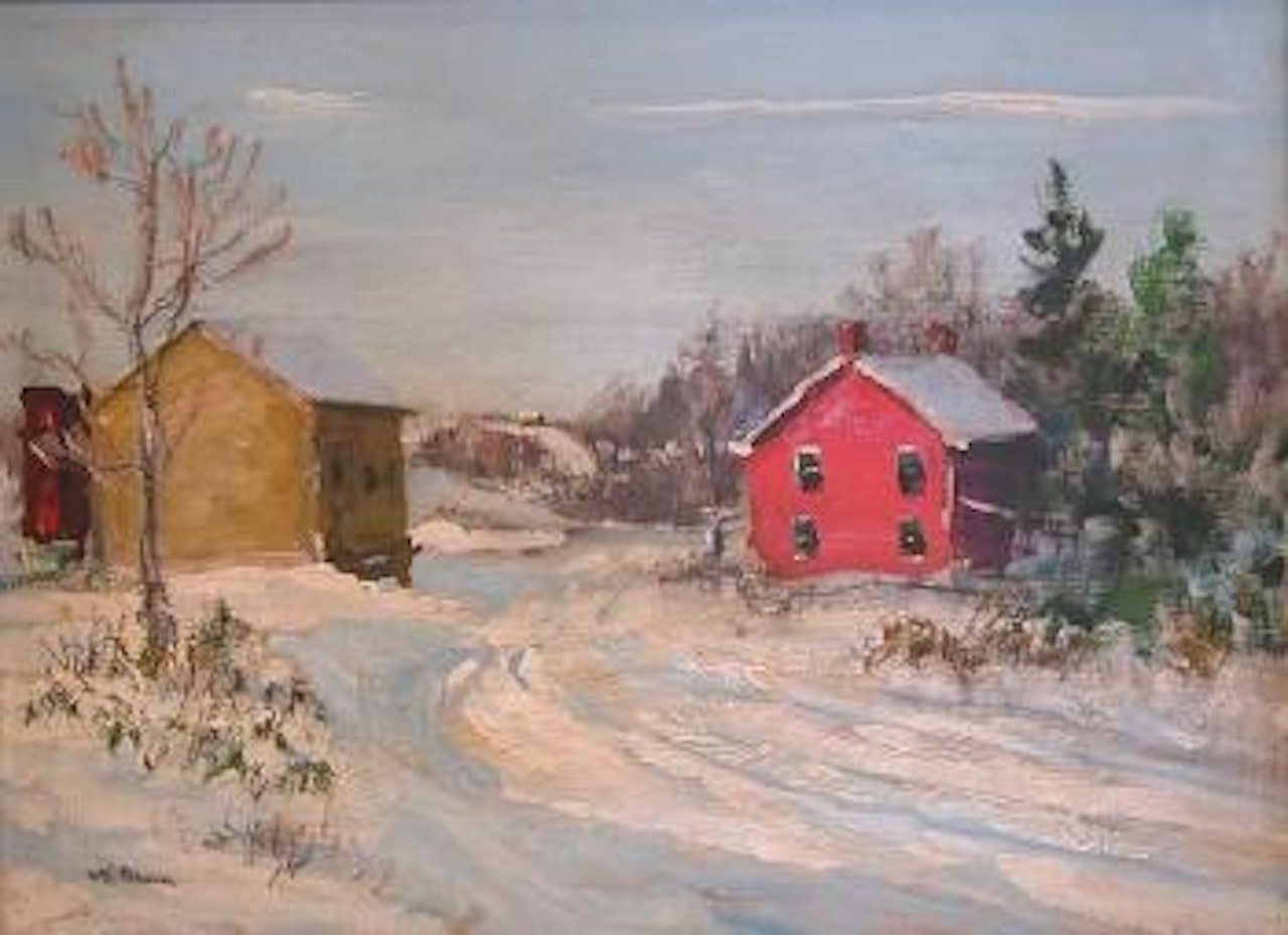 Winter landscape with roadside barn and red house by Walter Emerson Baum