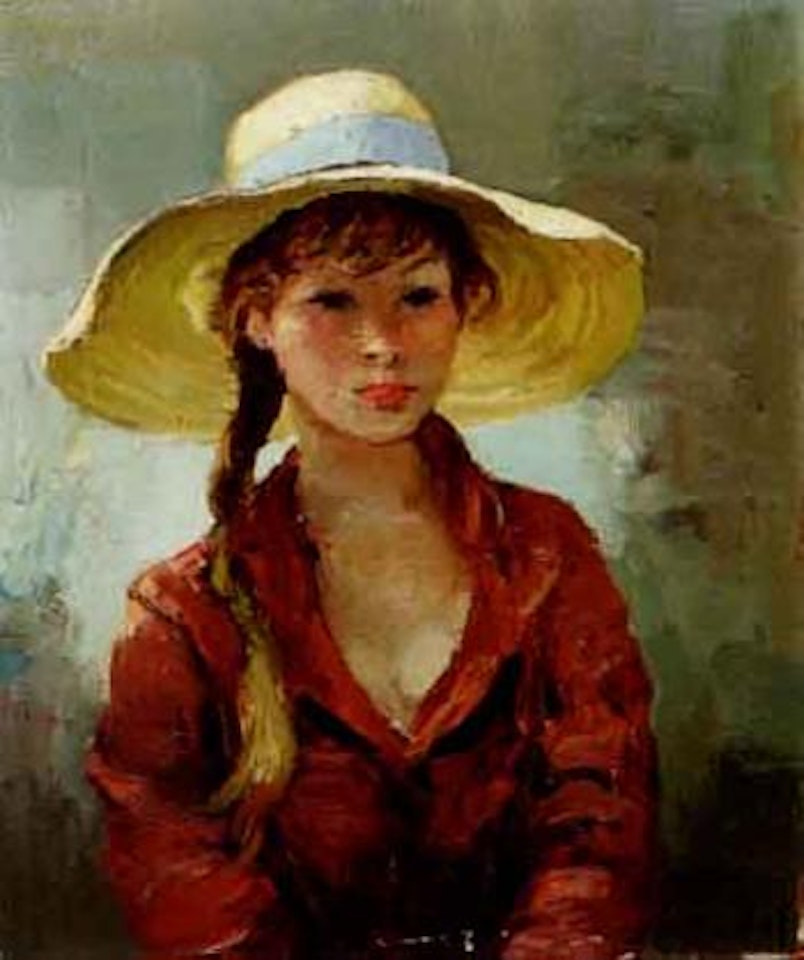 Chemise rouge au chapeau de paille by Marcel Dyf