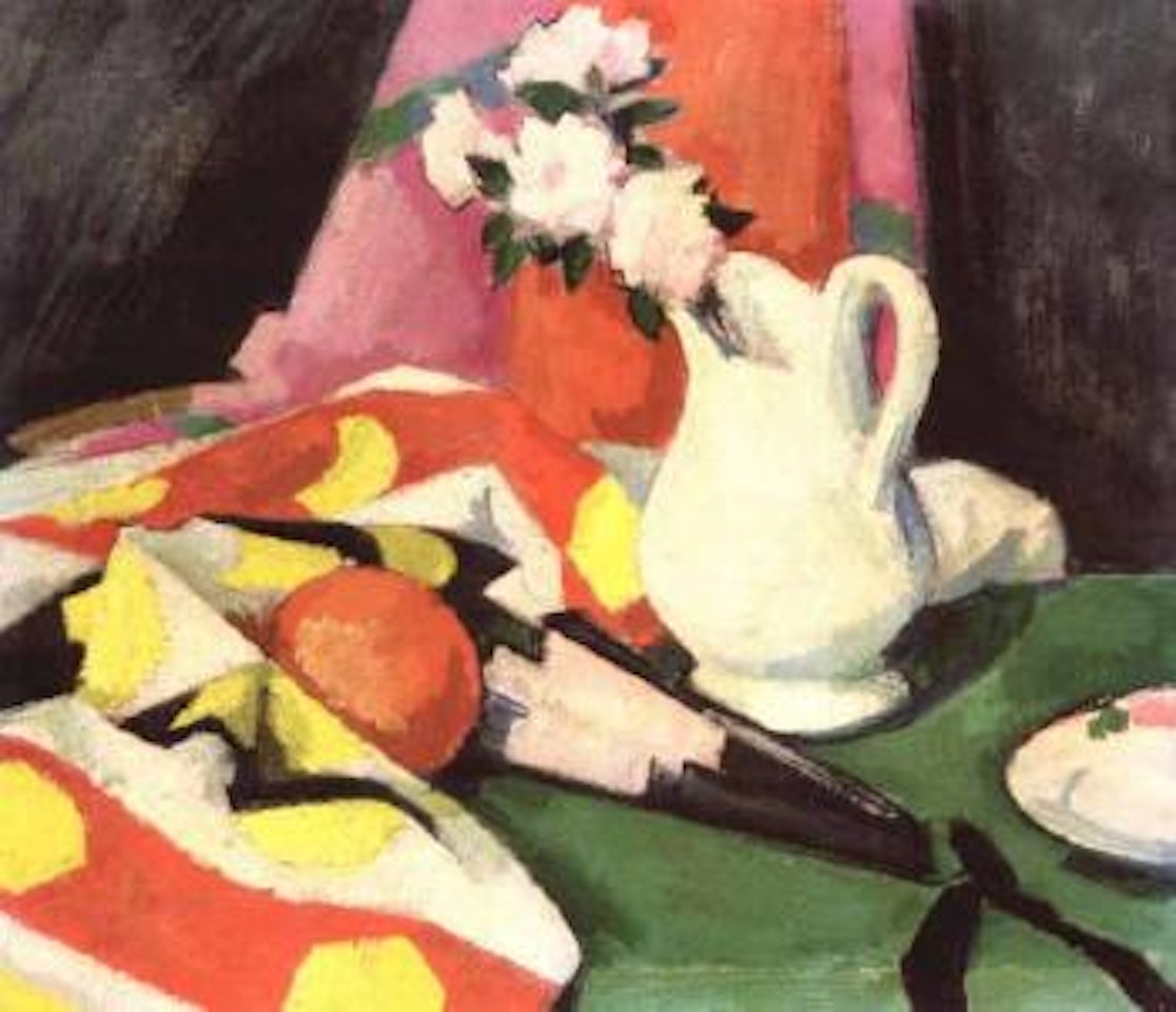 Still life with fan and pink roses in a jug. Portrait of a young girl by Samuel John Peploe