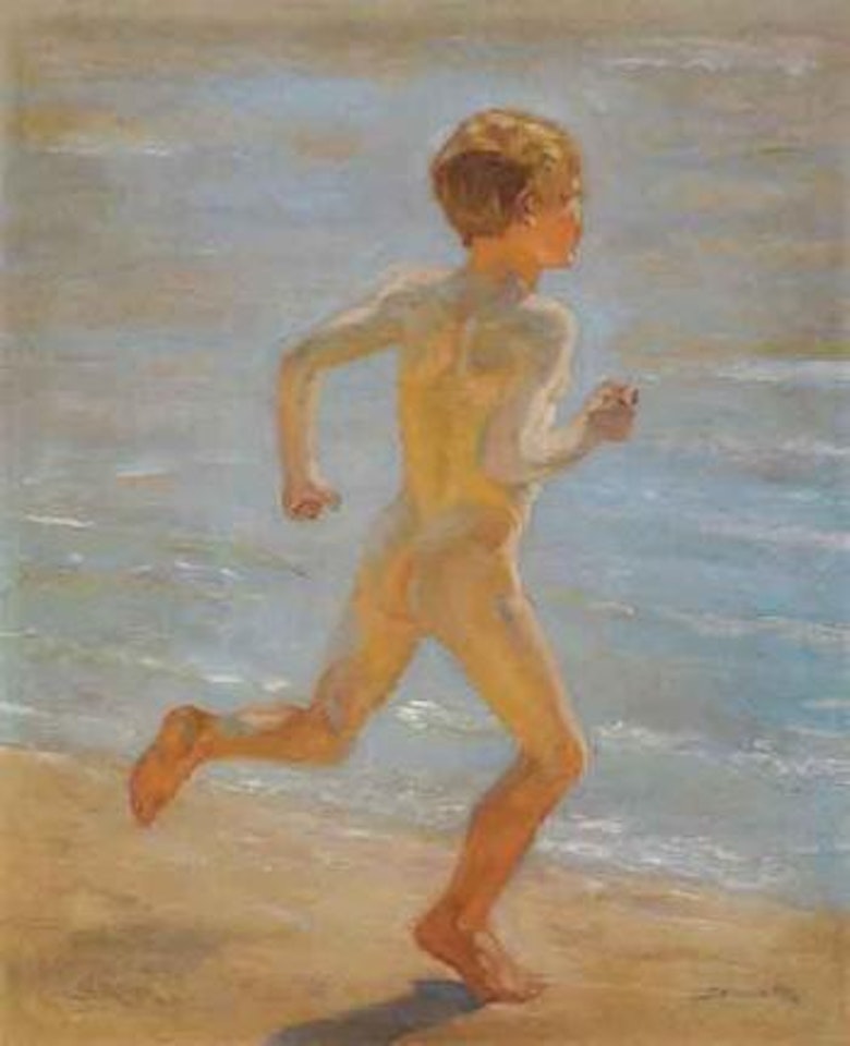 Naked boy running on the sand into the sea by Peder Severin Kröyer
