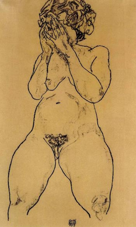 Female nude, hands on face by Egon Schiele