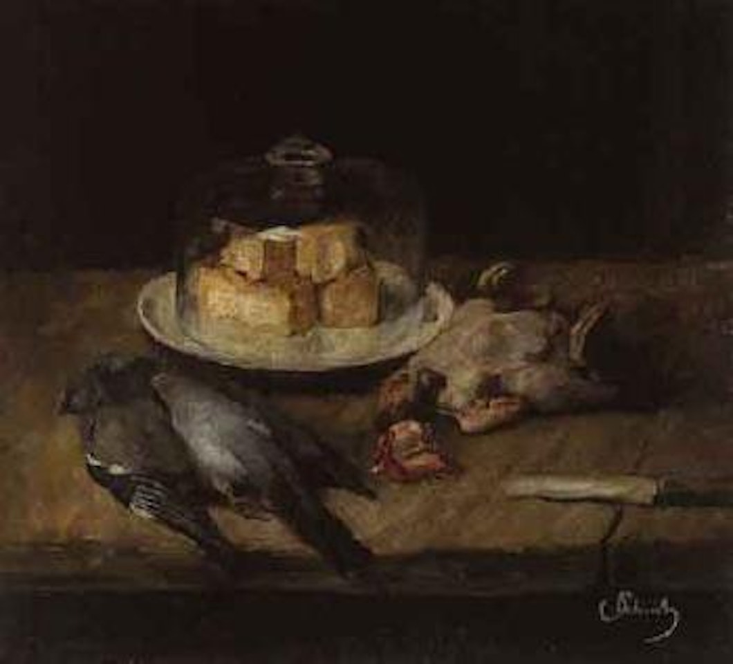 Still life with cheese board and birds by Carl Schuch