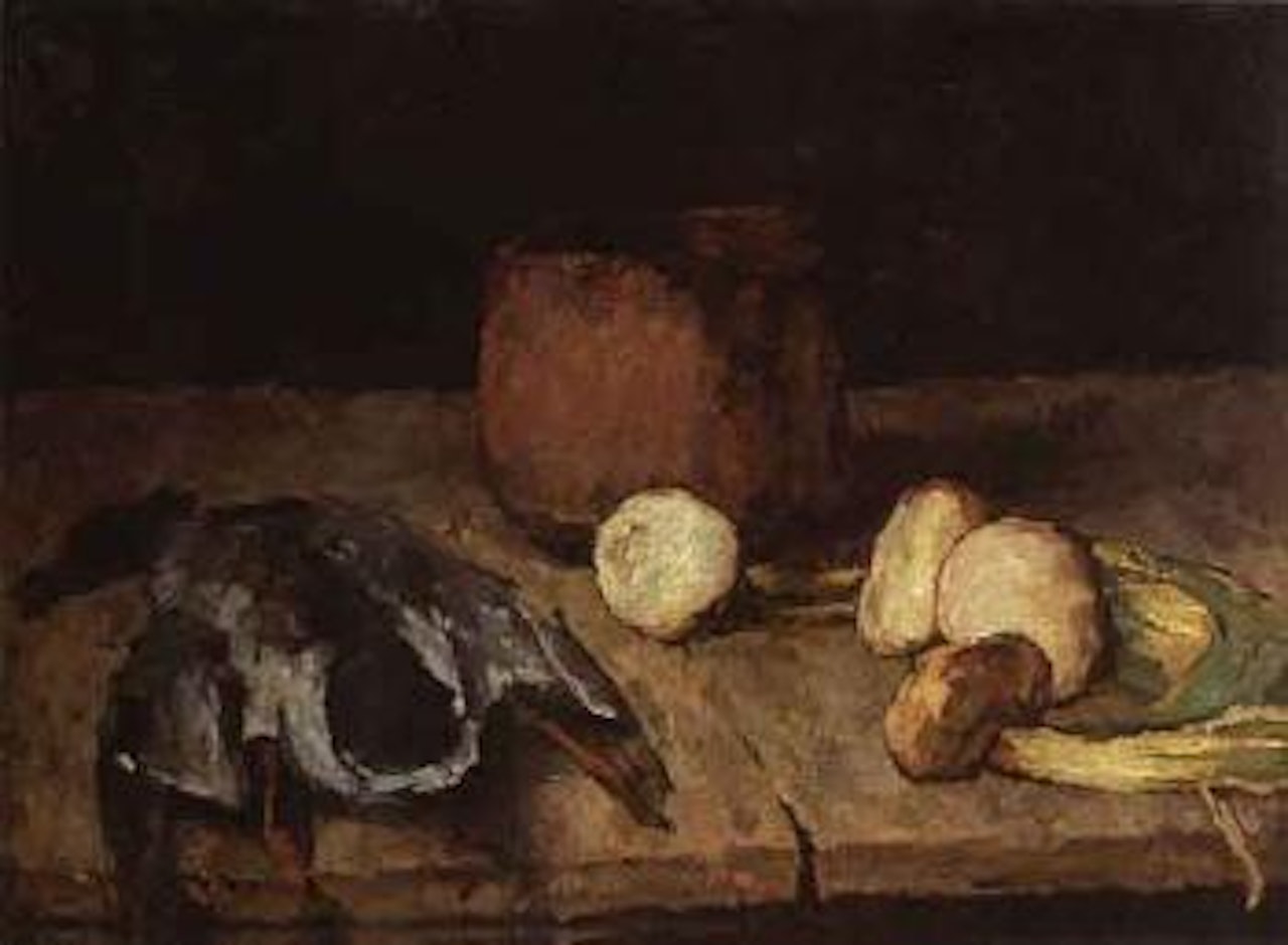 Still life with duck, pot and vegetables by Carl Schuch