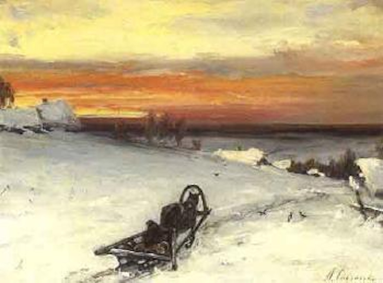 Russian winter landscape with a horse-drawn sledge by Aleksei Kondratievitch Savrasov