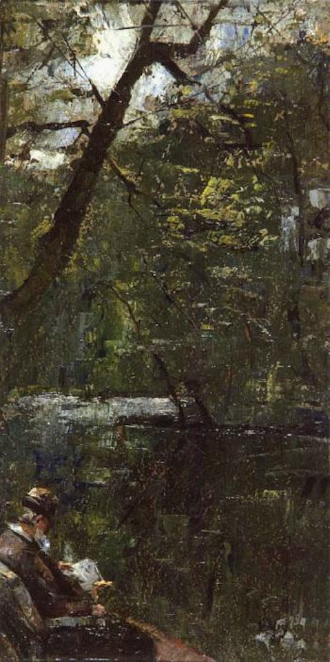 Man reading on a lakeshore in Bois de Boulogne by Lesser Ury