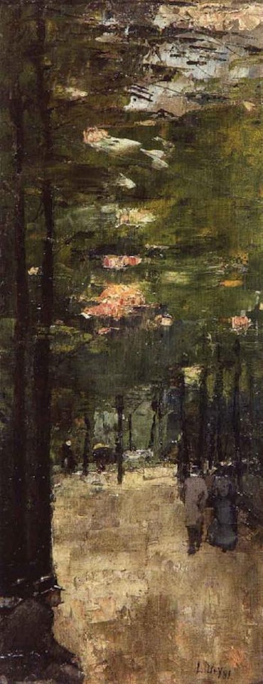 Man seated on a bench in Bois de Boulogne by Lesser Ury