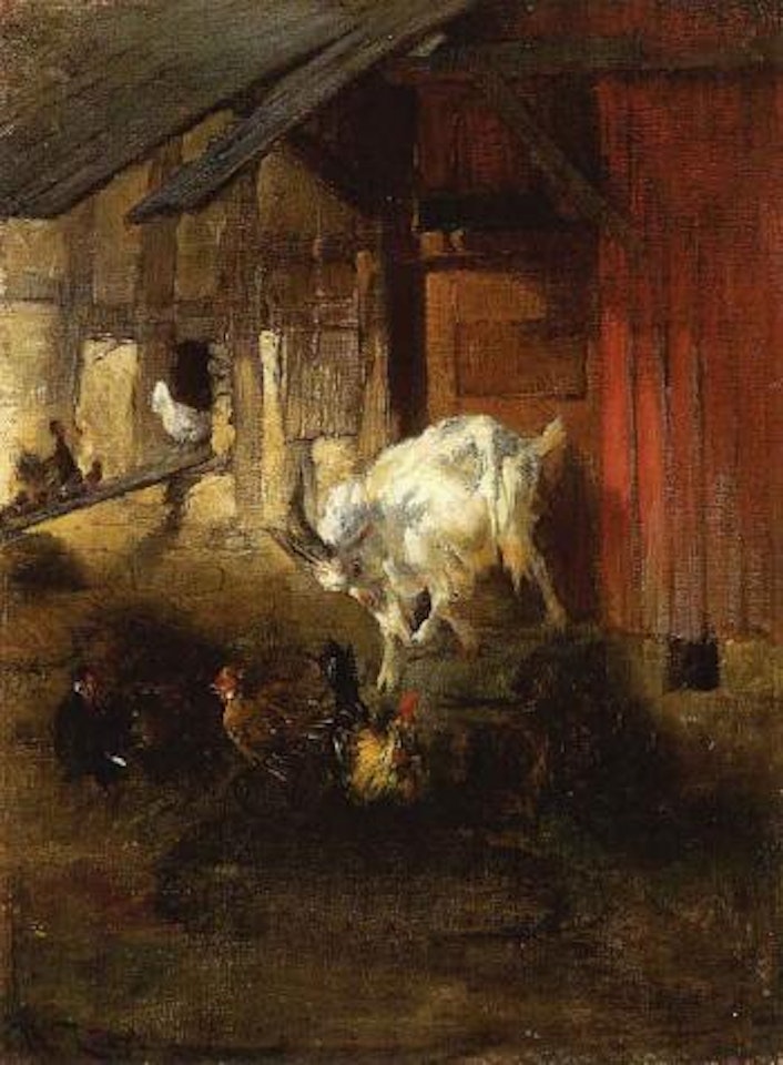 Goat and hens in a stall by Heinrich von Zugel