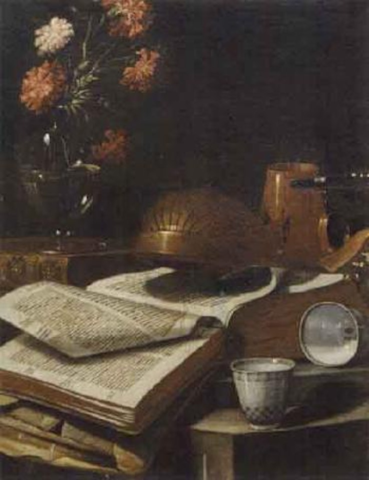Still life with book, mandolin and vase of flowers by Cristoforo Munari