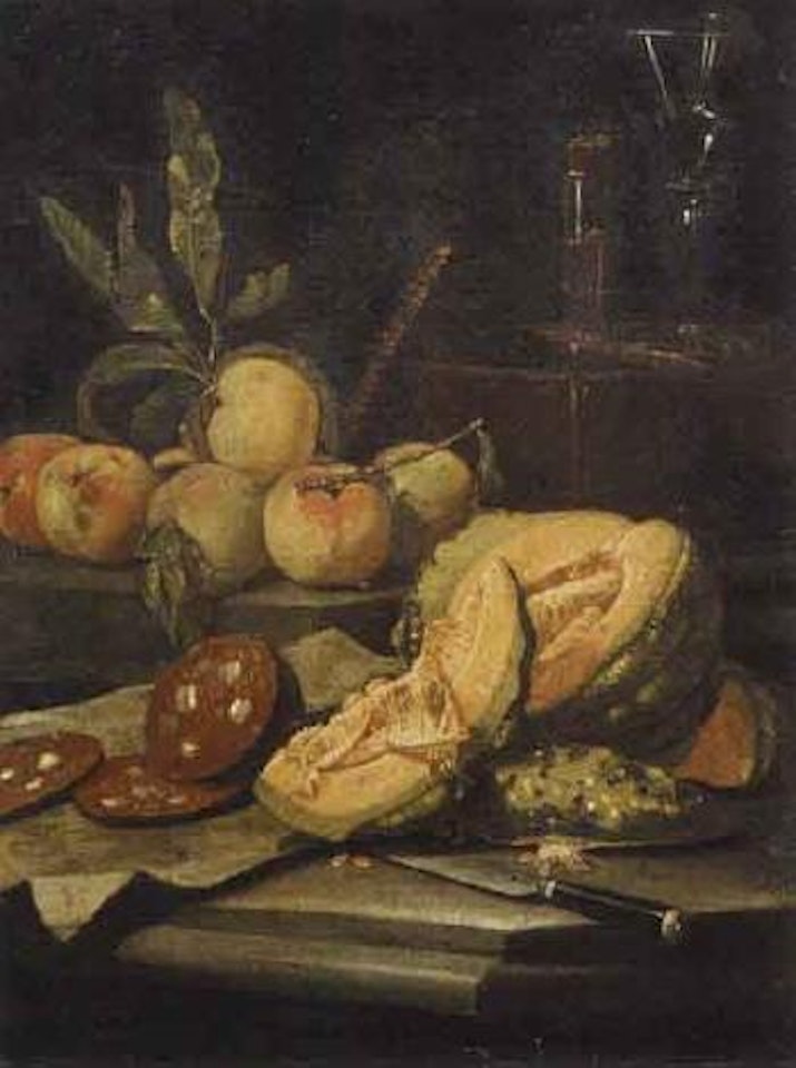 Still life with salami, peaches and melon by Cristoforo Munari
