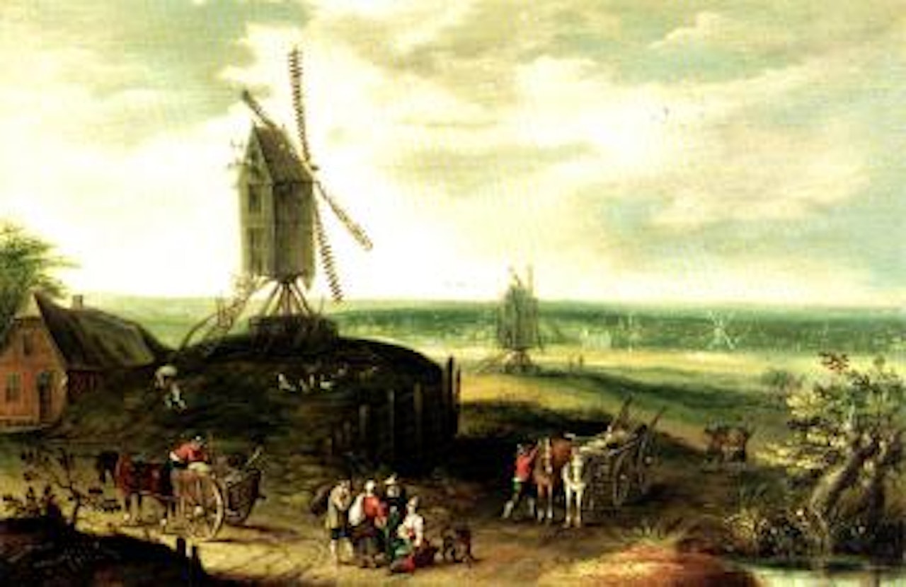 Landscape with windmills and figures on a path by Jan Brueghel the Younger
