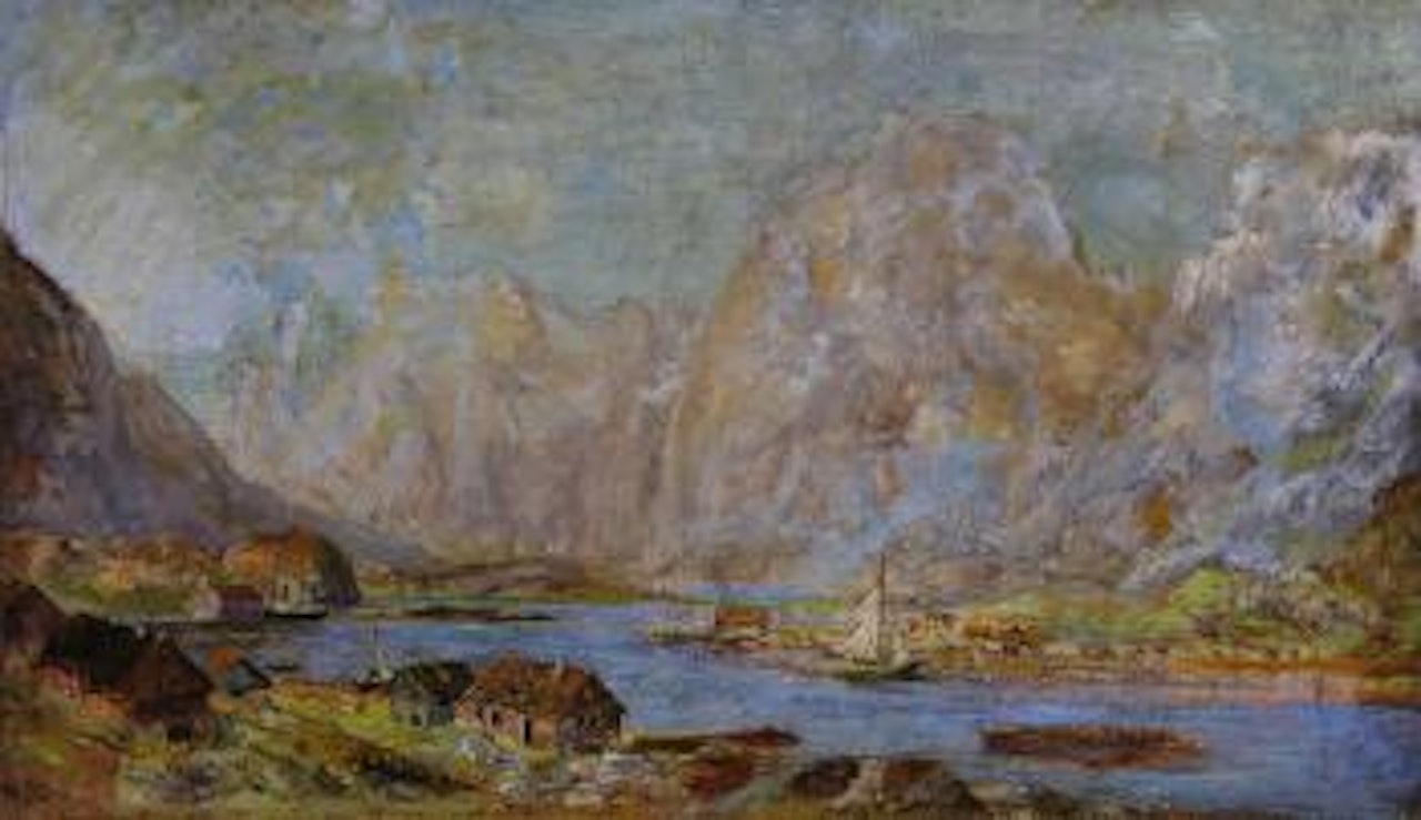 Mountain village with lake by Walter Moras