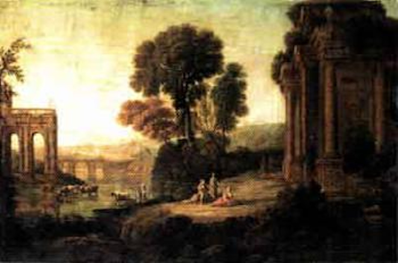 Classical landscape with Arcadian figures before ruins beside the river by Claude Lorrain