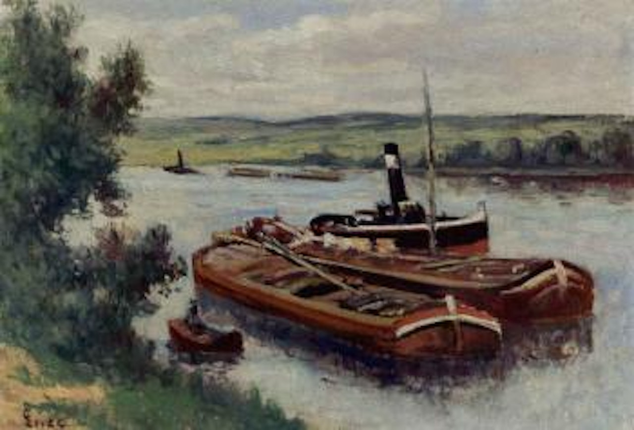 Vapeaur et peniches sur la Seine a Mericourt by Maximilien Luce