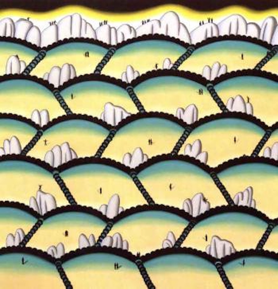 Western landscape with rocks and tourists by Roger Brown