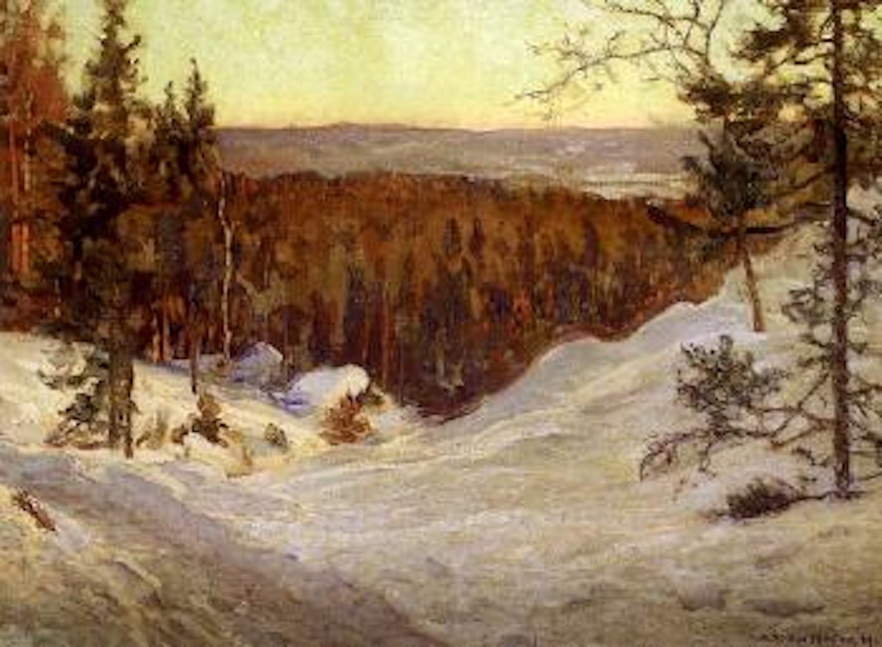 Northern landscape in evening glow, winter by Anshelm Schultzberg