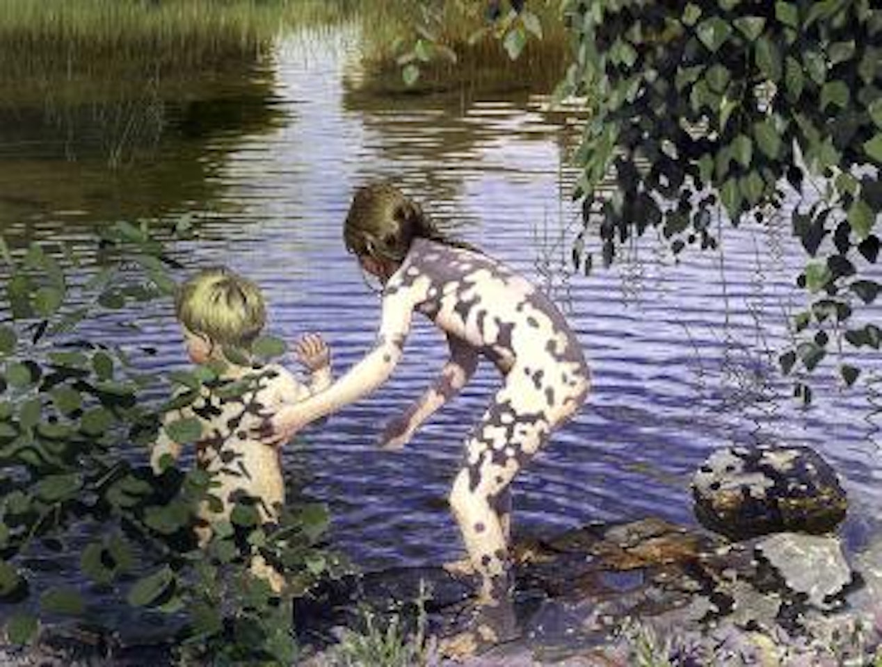 Children bathing by water's edge by Gustaf Fjaestad
