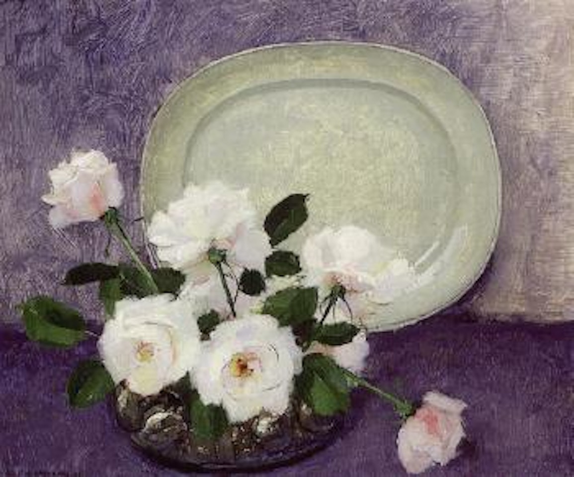 Still life of pink roses and silver dish by Olle Hjortzberg