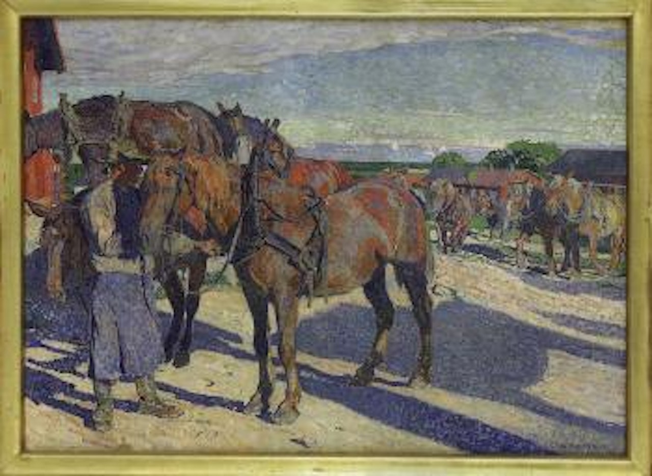 Horses at the stud farm. Man ploughing by Carl Wilhelmson