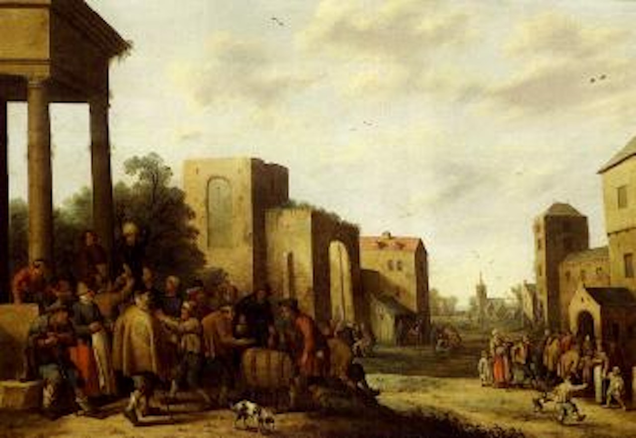 Dutch town scene with figures by Joost Cornelisz Droochsloot
