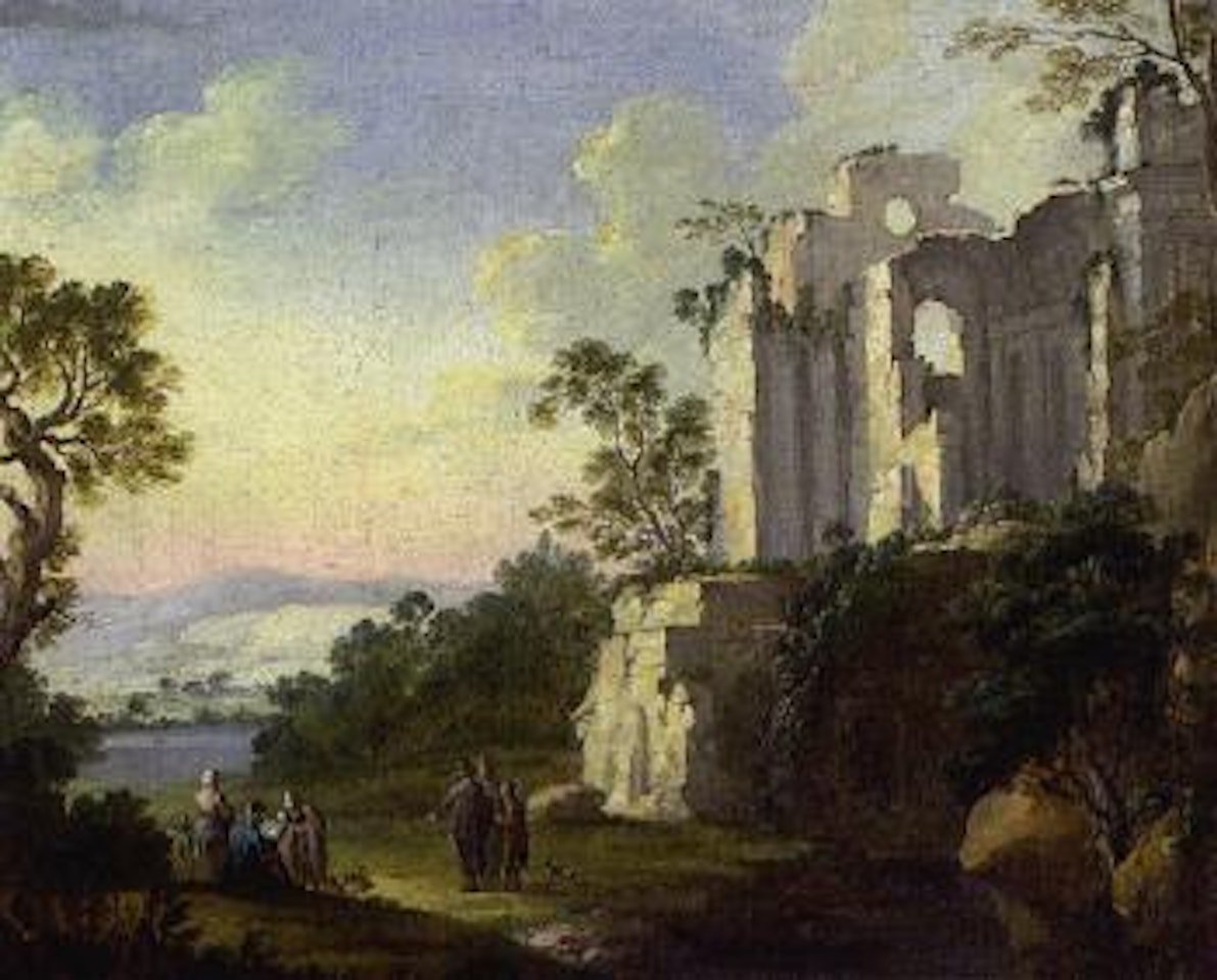 Landscape with ruins and figures by Christian Wilhelm Ernst Dietrich