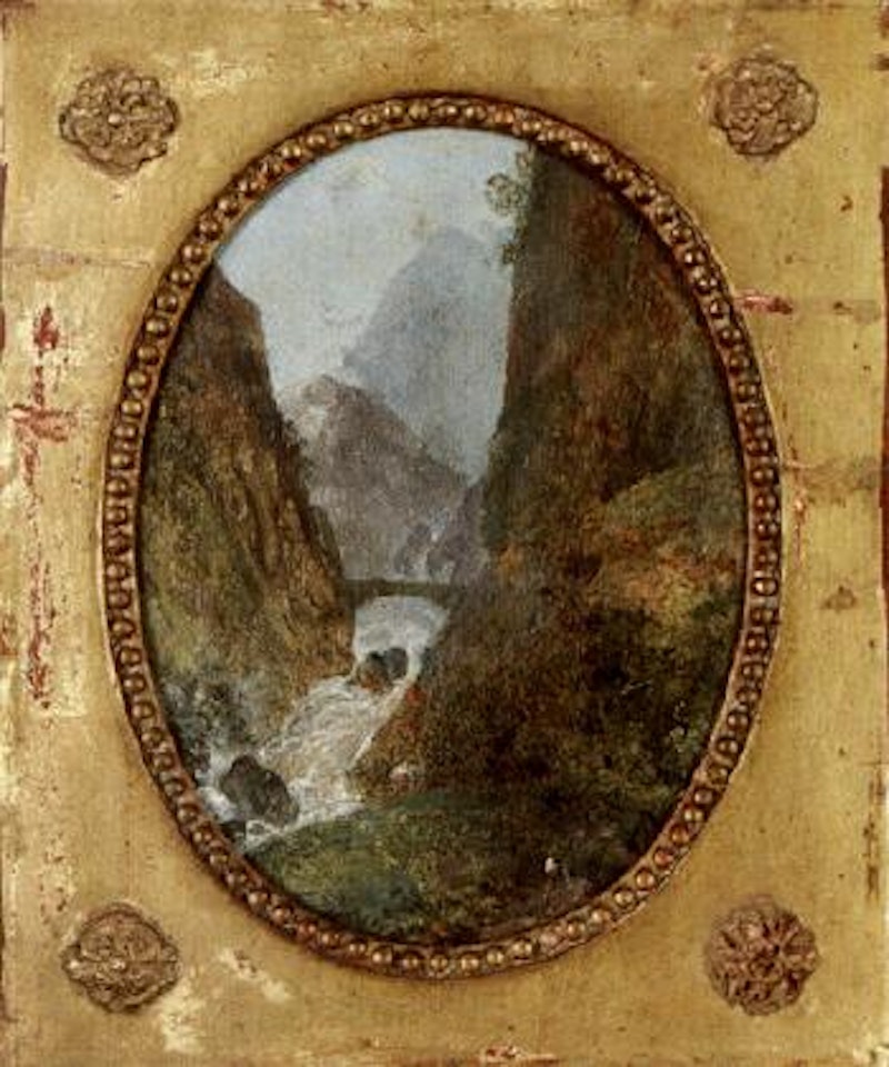 Landscape with travellers by waterfall by Hubert Robert