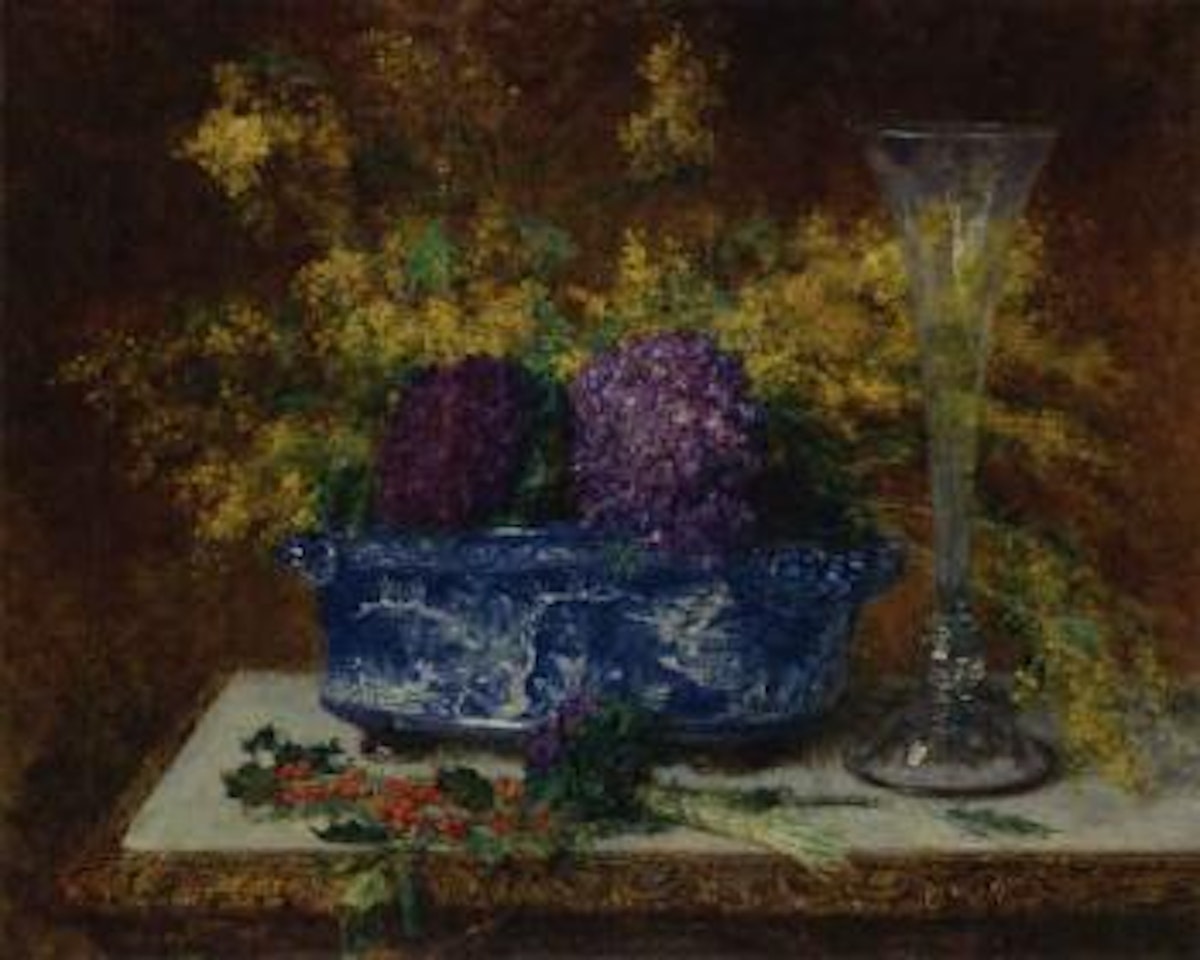 Still life with flowers and holly by Alexei Harlamoff
