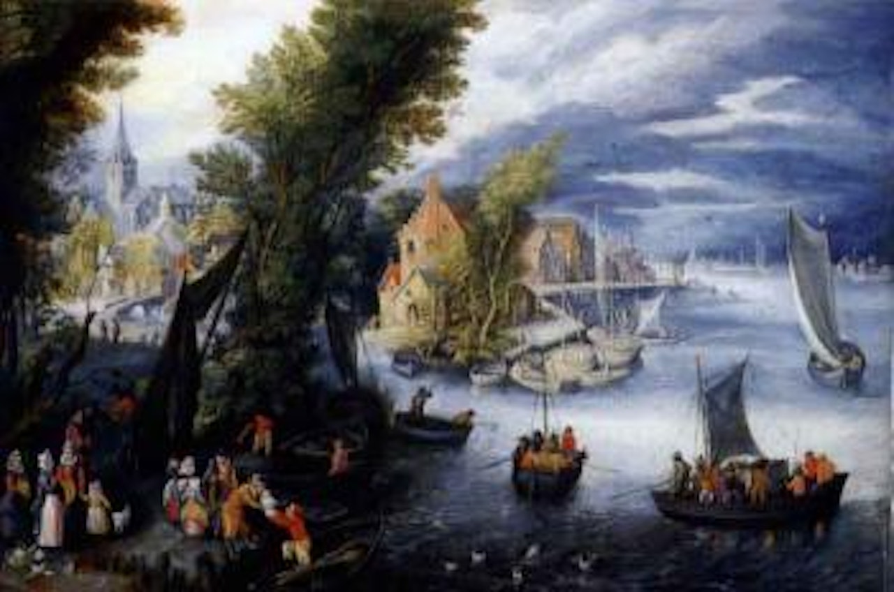 Village by the river with peasants disembarking a rowing boat in the foreground by Jan Brueghel the Younger