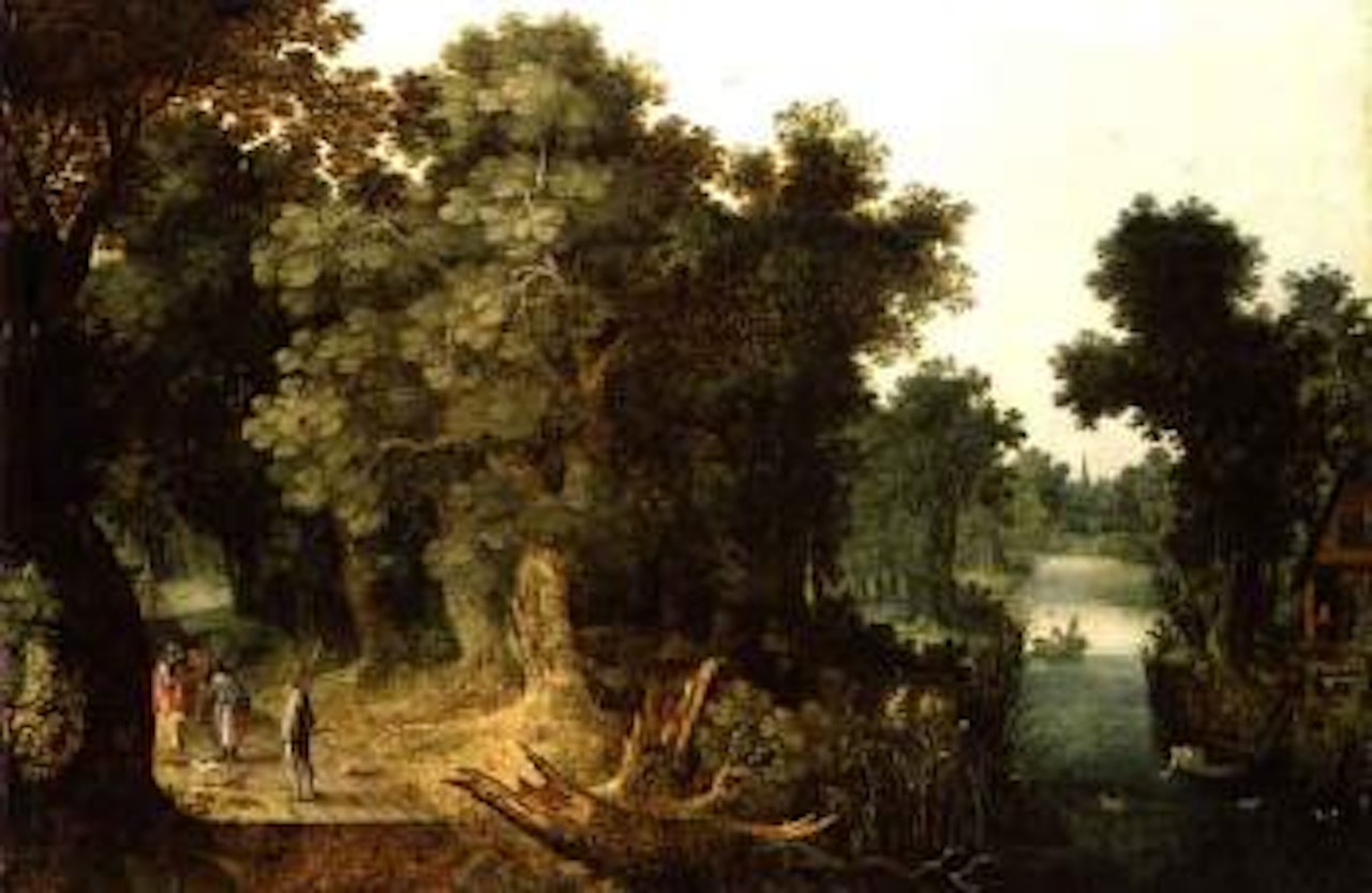Wooded river landscape with figures on a path and fishermen on rowing boat by Abraham Govaerts