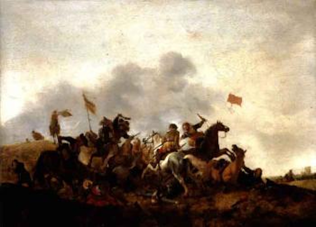 Cavalry skirmish with a village in the distance by Philips Wouwerman