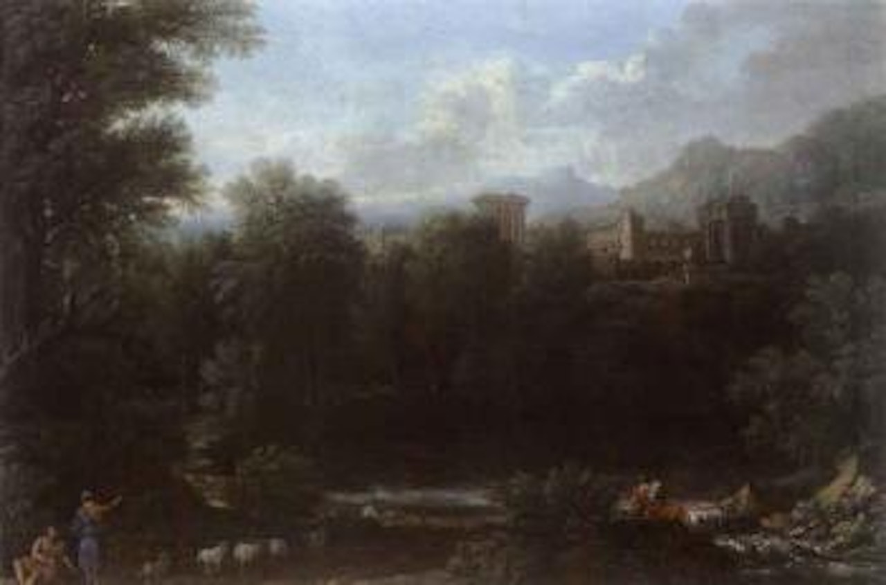 Arcadian landscape with classical figures beside a lake in the foreground, Roman town on the hills by John Wootton