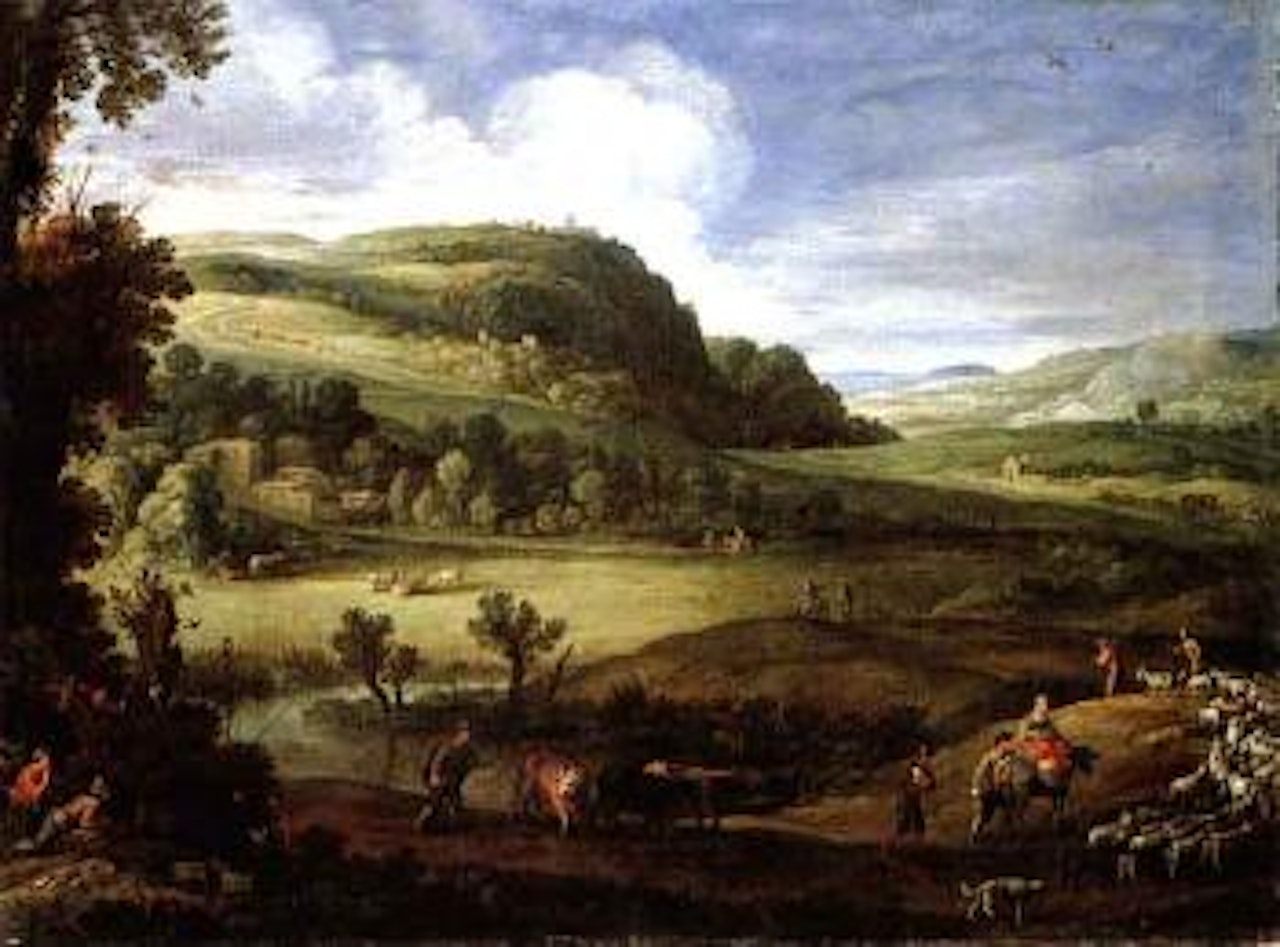 Extensive landscape with herders guiding their goats and man attempting to trap birds by Paul Bril