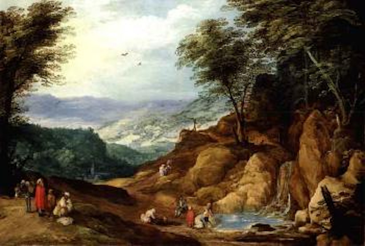 Extensive mountainous landscape with washerwomen and other figures resting by a waterfall by Joos de Momper the Younger