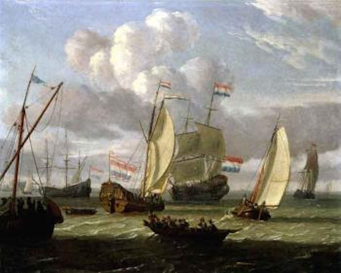 Dutch states yacht and other shipping in an estuary by Abraham Storck