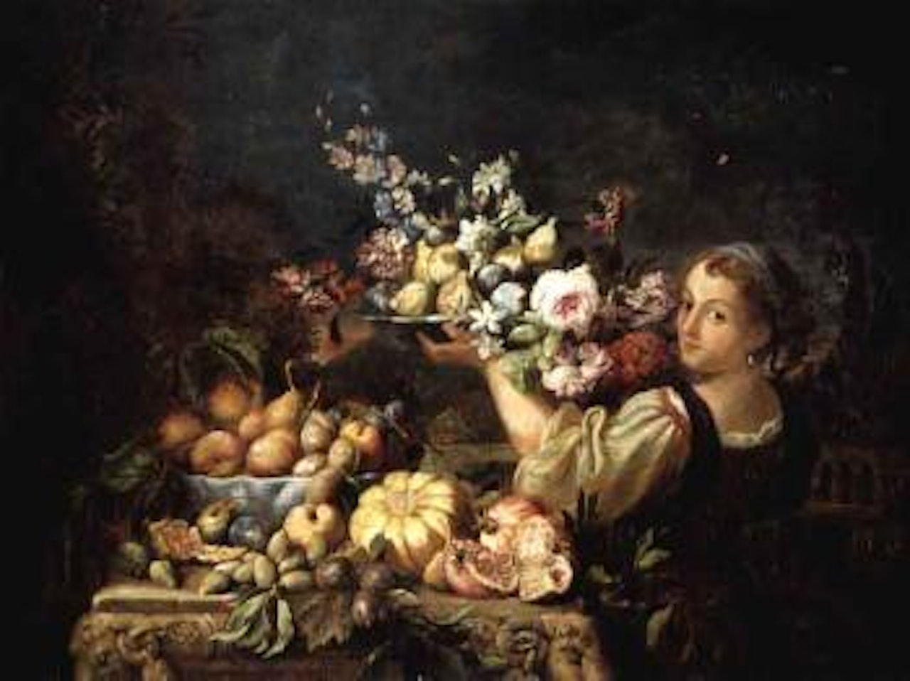 Still life of a melon, open pomegranates and other fruits on a stone table, girl with flowers tray by Abraham Brueghel