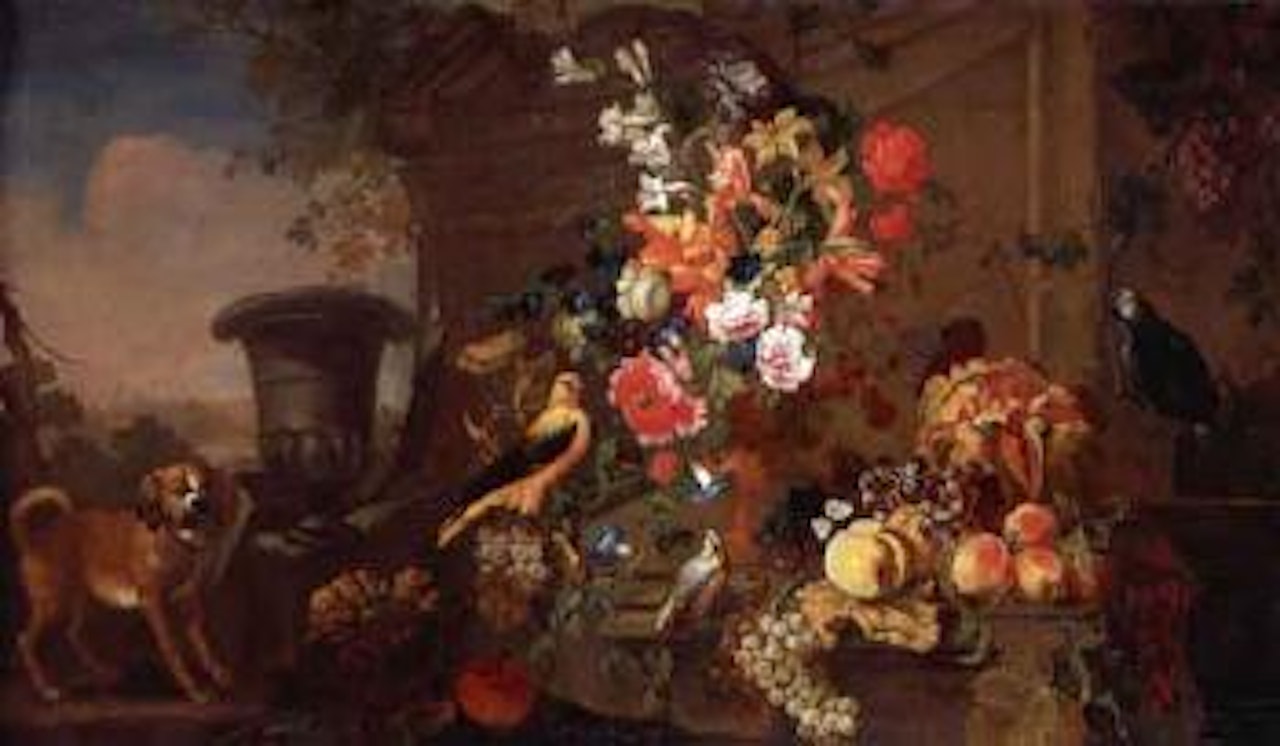 Still life with an African grey parrot and other birds, fruit in a landscape by Franz Werner von Tamm