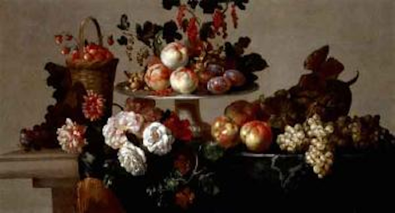 Still life of peaches, plums and hazelnuts on silver platter and flowers on stone draped table by Jean Baptiste Monnoyer