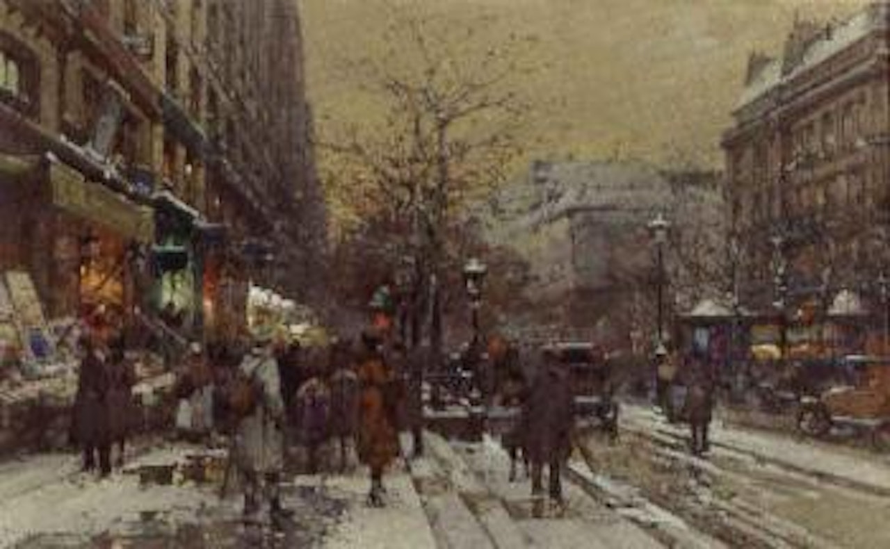 Le Boulevard Bonne Nouvelle at winter by Eugene Galien-Laloue