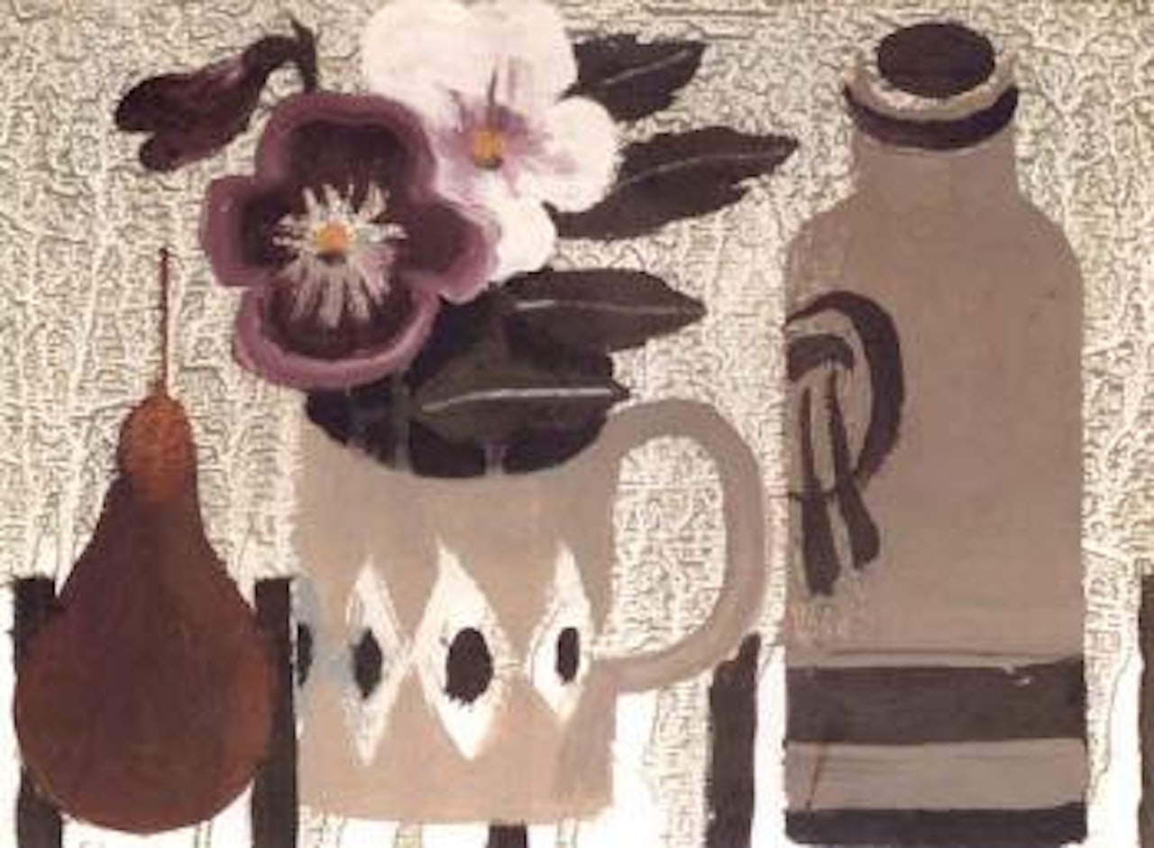 Still life with pear and pansies by Mary Fedden