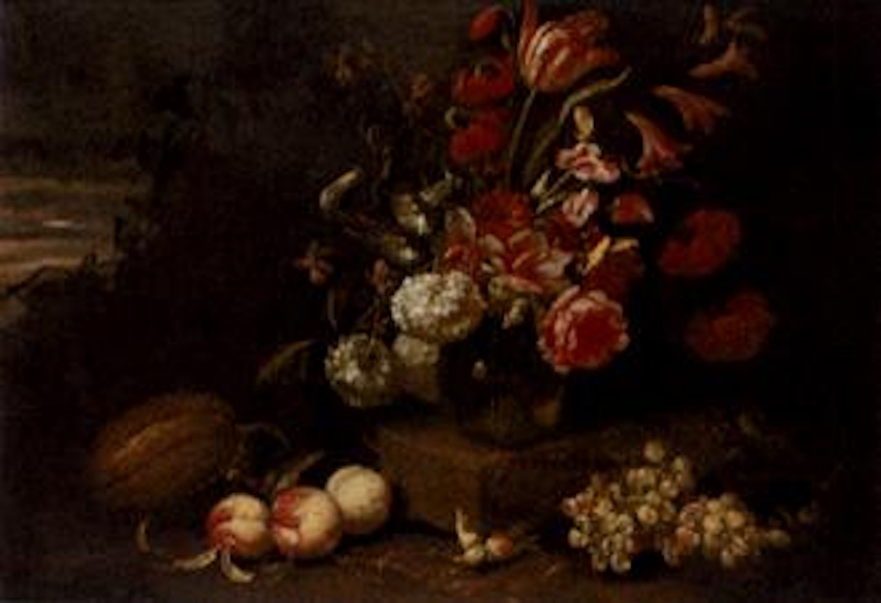 Roses, tulips and other flowers in a vase on a low plinth by Abraham Brueghel
